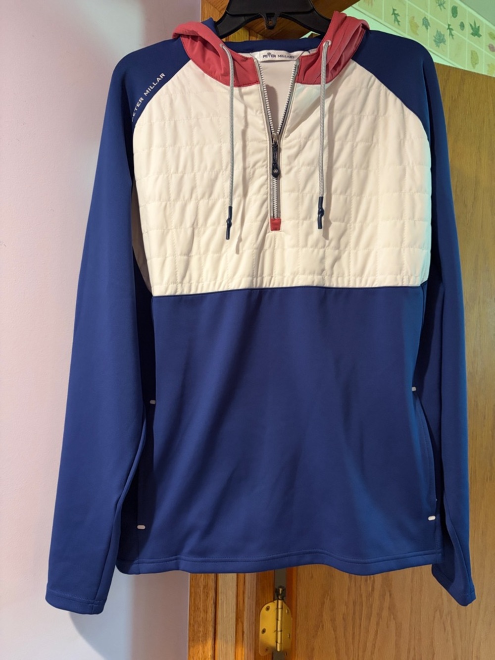 Peter Millar Navy, White & Coral Hooded Quarter-Zip Pullover
